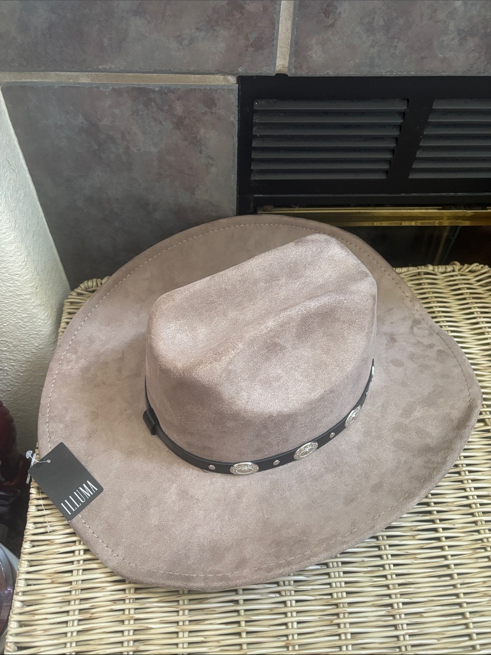 Taupe Suede Wide-Brim Western Hat with Concho Band